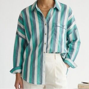 By Anthropologie Oversized Striped Pajama Shirt Teal XL Flaw